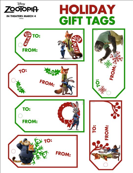 ZooTopia Holiday Gift Tags Printable